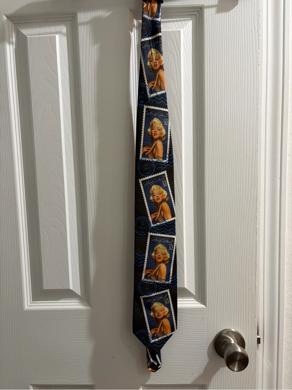 Ralph Marlin Black Tie with Blue and Gold Marilyn Monroe Portrait Stamps